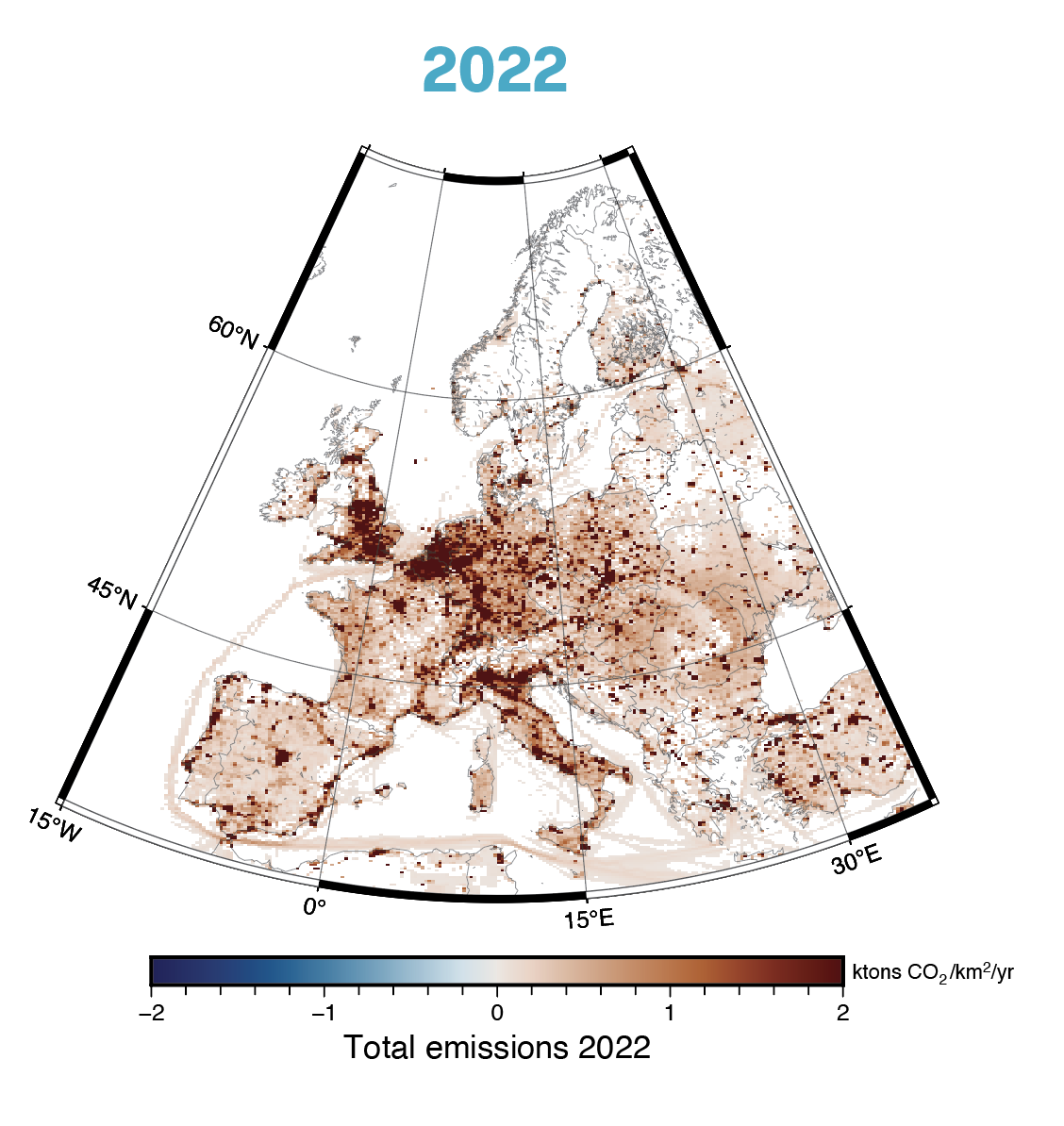 Figure 4. Annual mean human emissions of CO2 from fossil fuels in and around Europe from 2018 to 2022. Highest emissions are in industrial areas and highly populated cities1.
