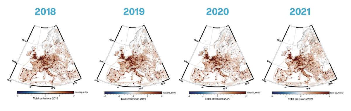 Figure 4. Annual mean human emissions of CO2 from fossil fuels in and around Europe from 2018 to 2022. Highest emissions are in industrial areas and highly populated cities1.