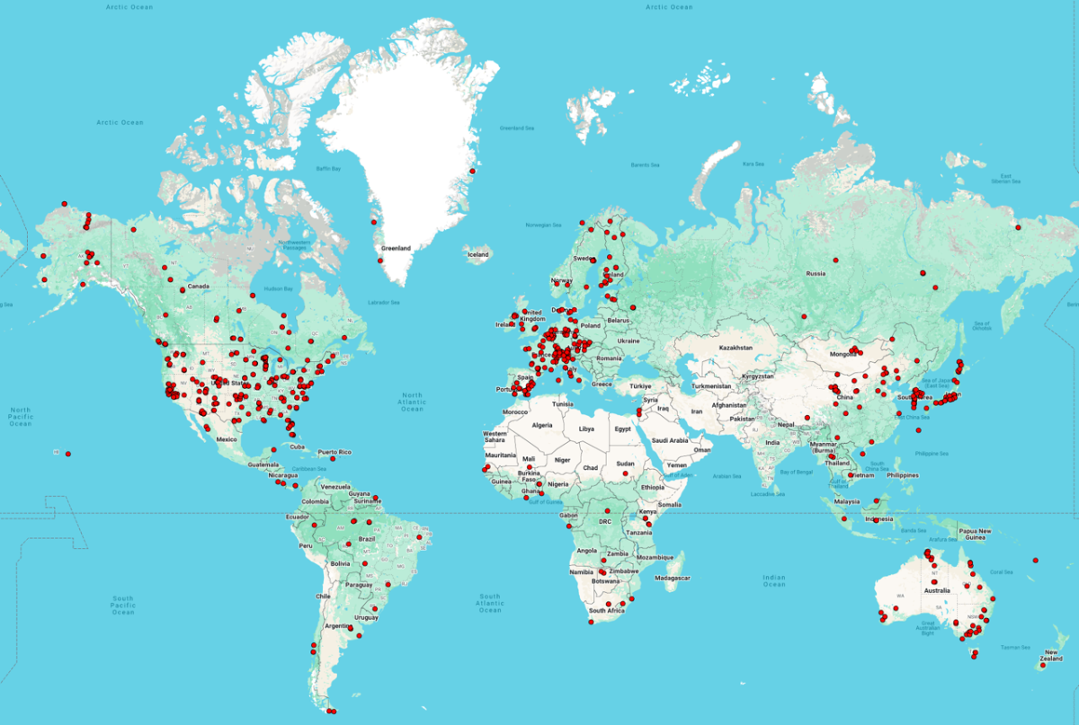 world map showing ecosystem stations as red dots across the continents