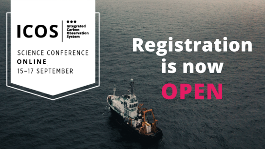 Banner with the test "registration now open" over a photo of a scientific ship and the conference logo.