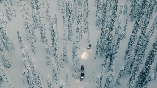 scientists driving snow mobiles in the Finnish Lapland